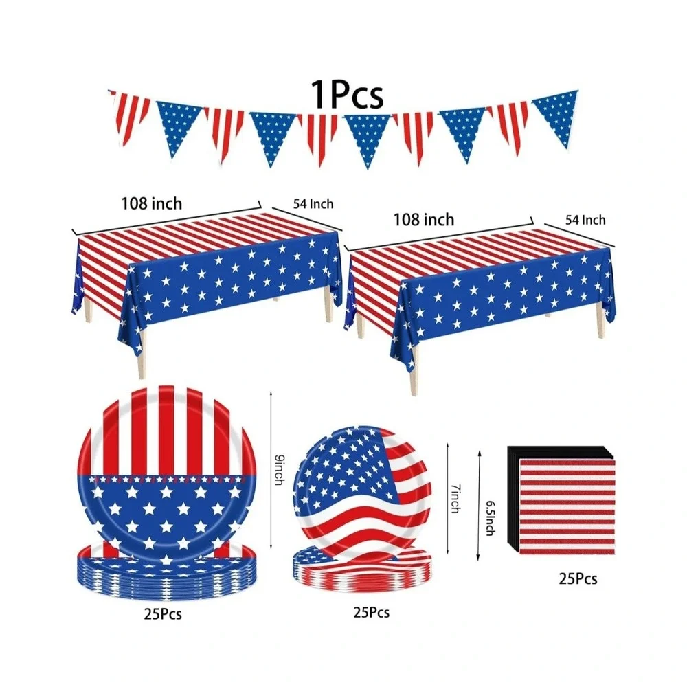 Patriotic 4th Of July Red White Blue Paper Plates Napkins Tablecloth Serve 25